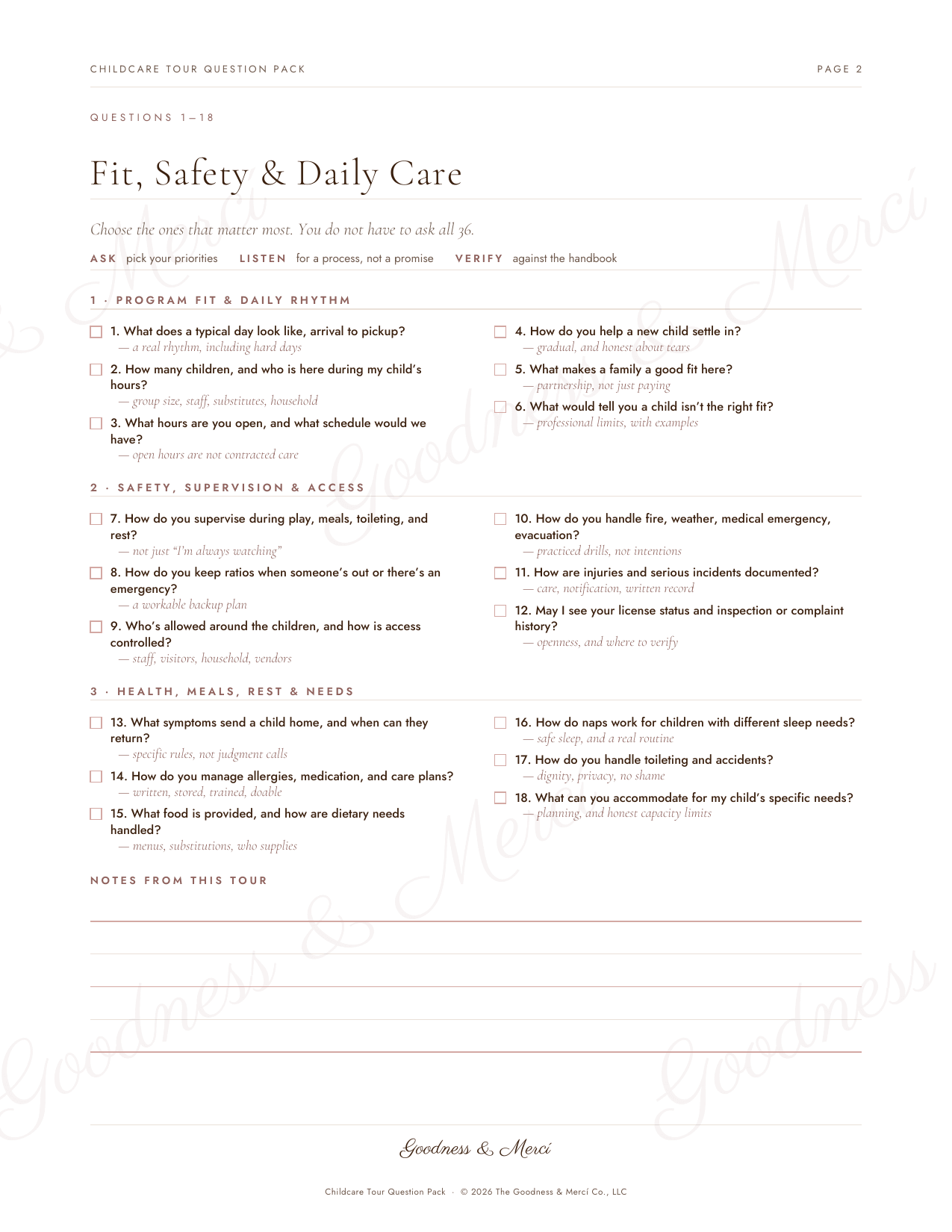 Tour Question Pack page of questions on fit, safety and daily care, each with a checkbox, grouped under program fit, supervision and access, and health, meals and rest, with a notes block