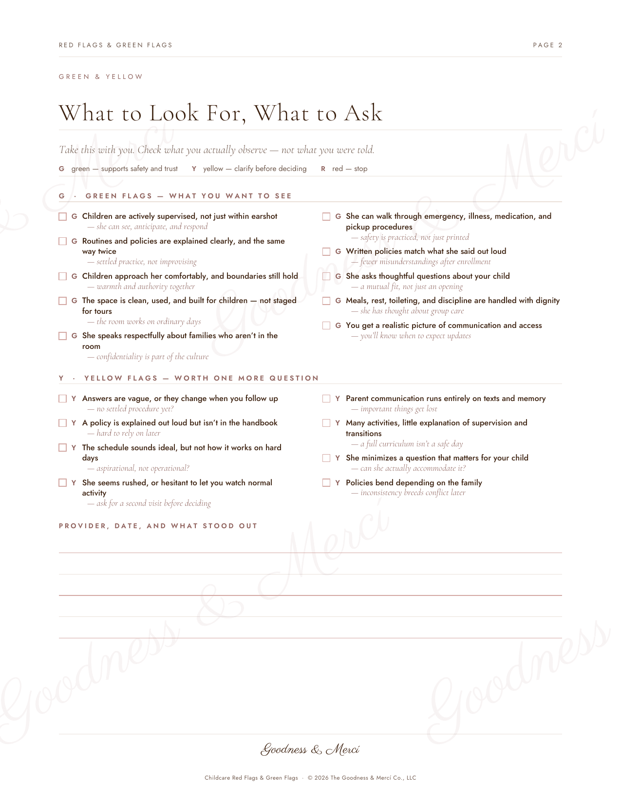 Red and Green Flags checklist page listing what to look for, coded G for green, Y for yellow and R for red