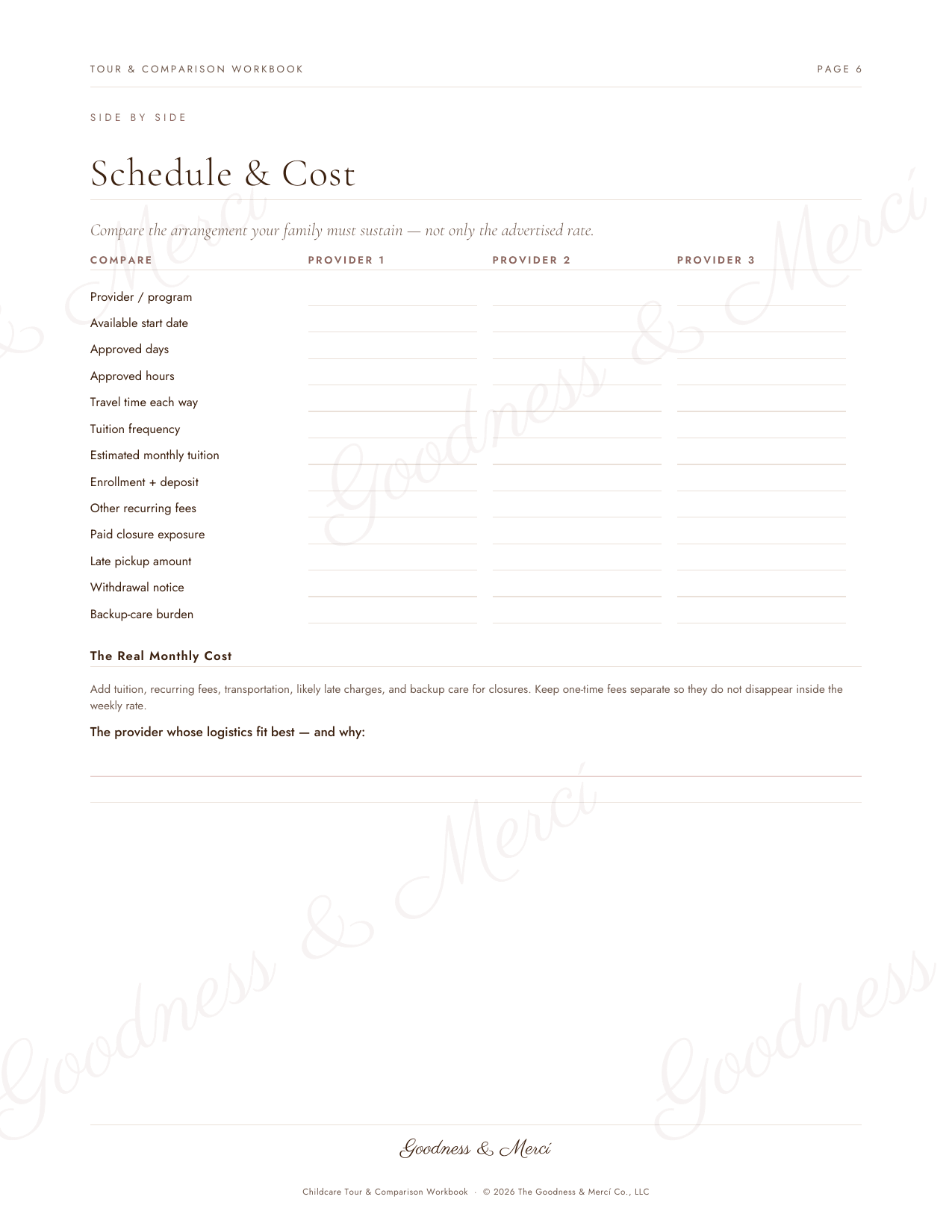 Comparison Workbook page, Schedule and Cost, with a row for each question and a column for each of three providers