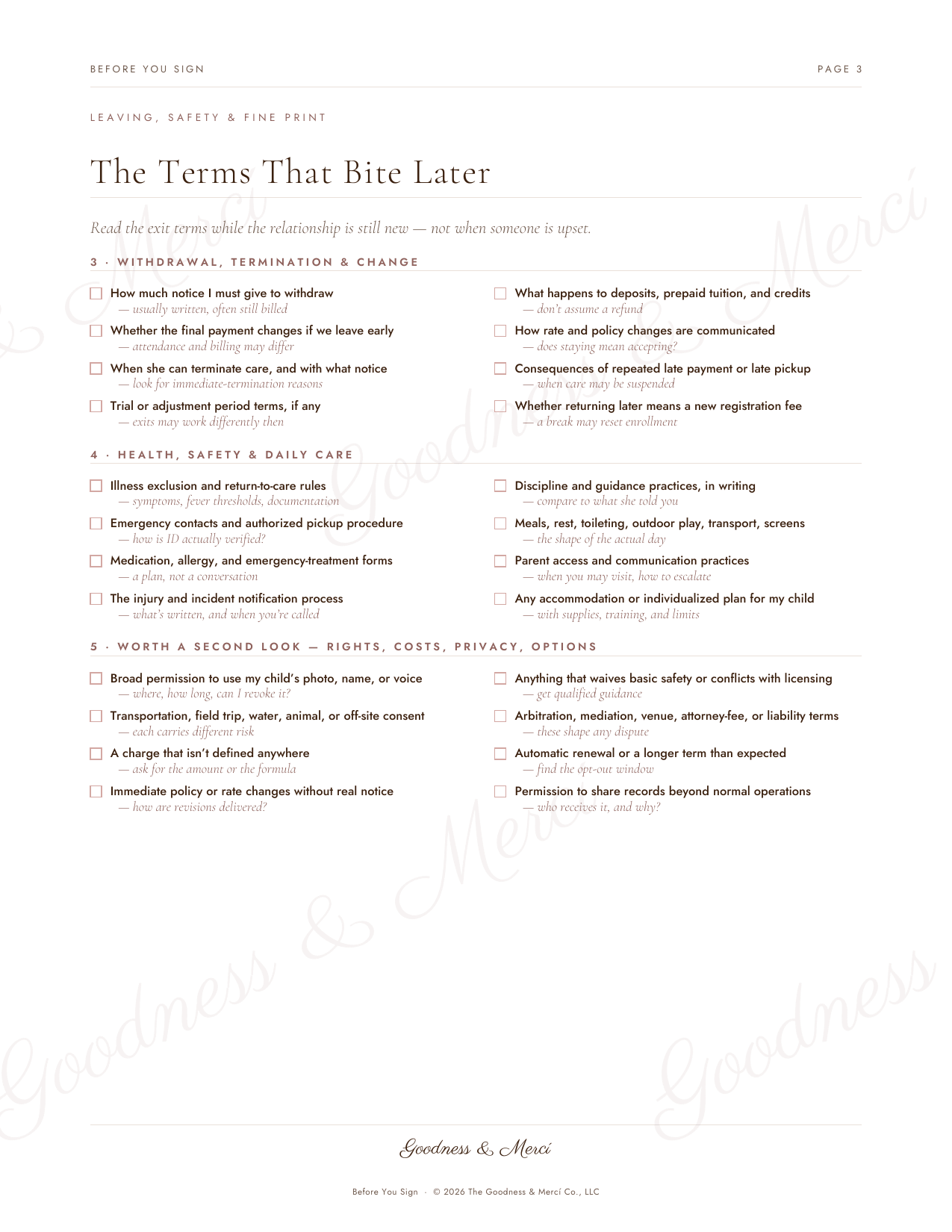 Before You Sign contract checklist page covering withdrawal, termination and change of terms, health and safety, and a worth-a-second-look section on rights, costs and privacy