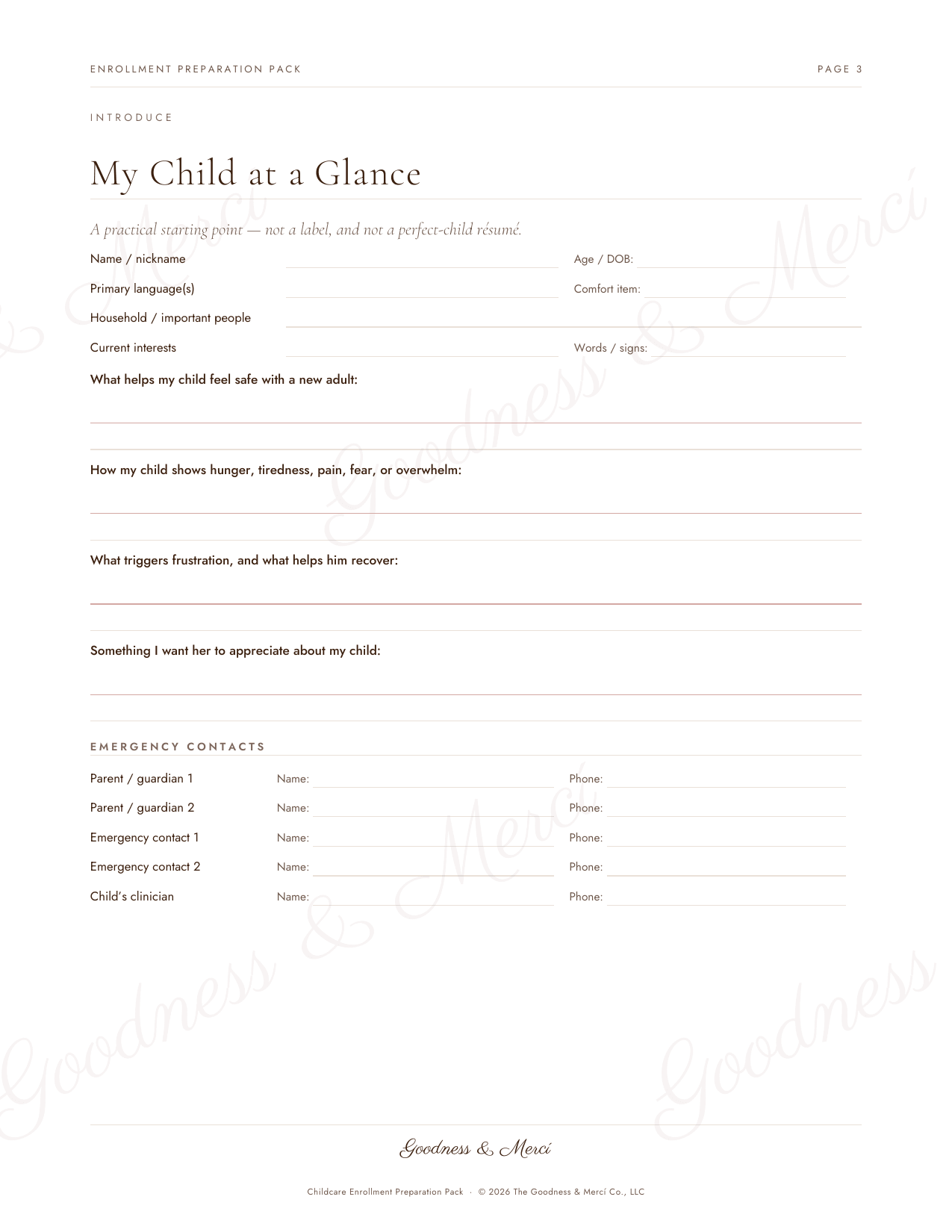 Enrollment Preparation Pack page, My Child at a Glance, with fields for a child’s name, what helps them feel safe, what triggers frustration, and emergency contacts