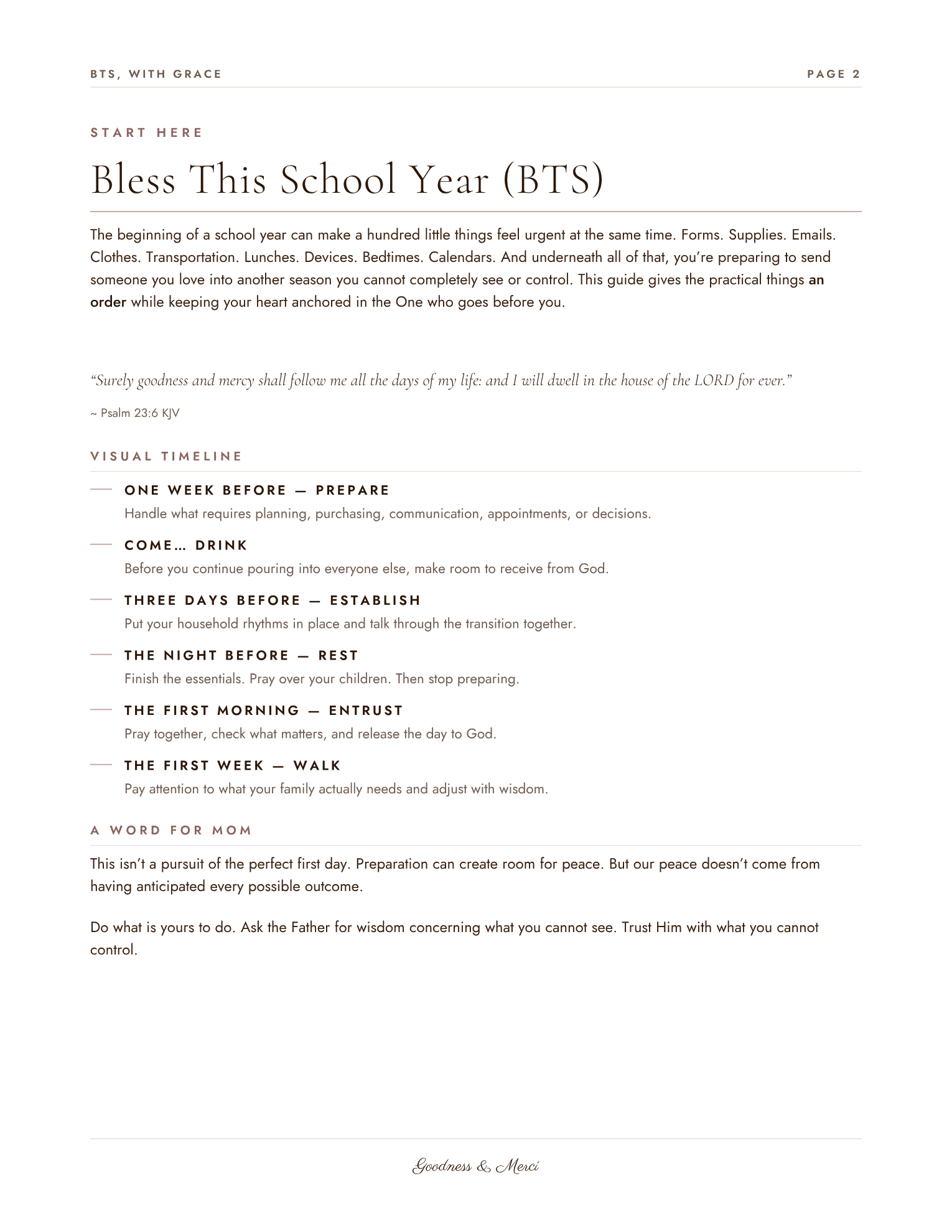 Start Here — Bless This School Year, with a visual timeline of the week before school begins