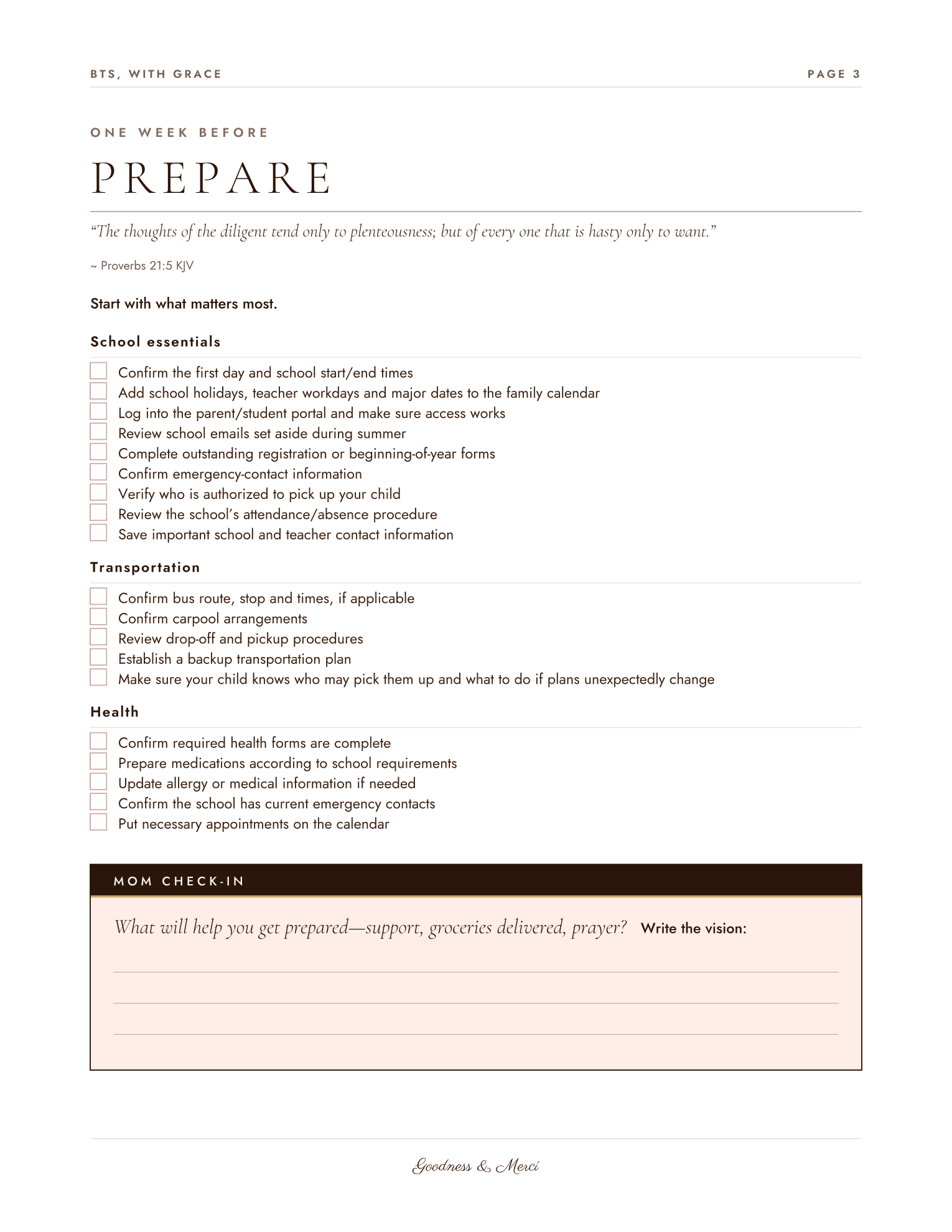 Prepare checklist page — school essentials, transportation, and health, with a Mom Check-In prompt