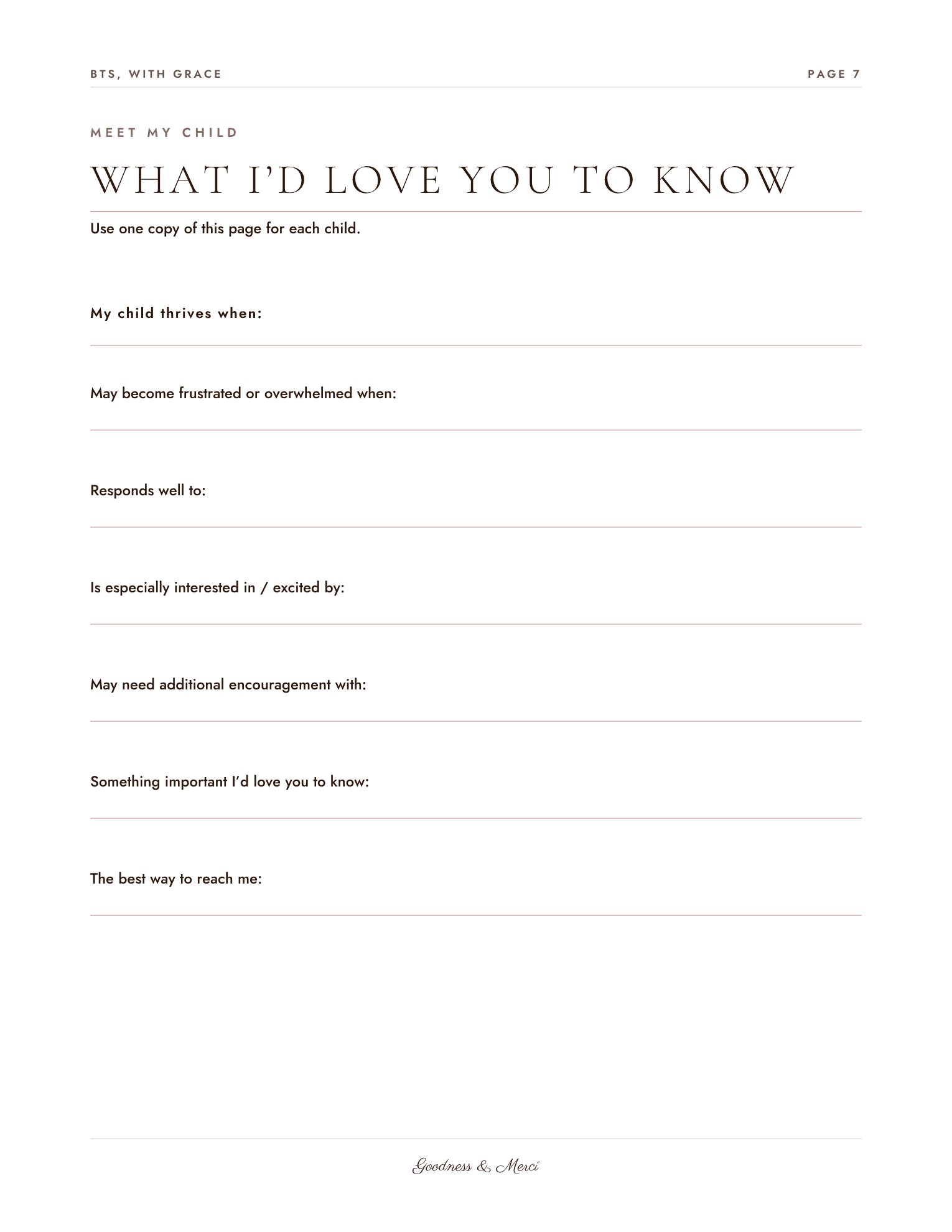 Meet My Child page — a written page to help teachers understand your child