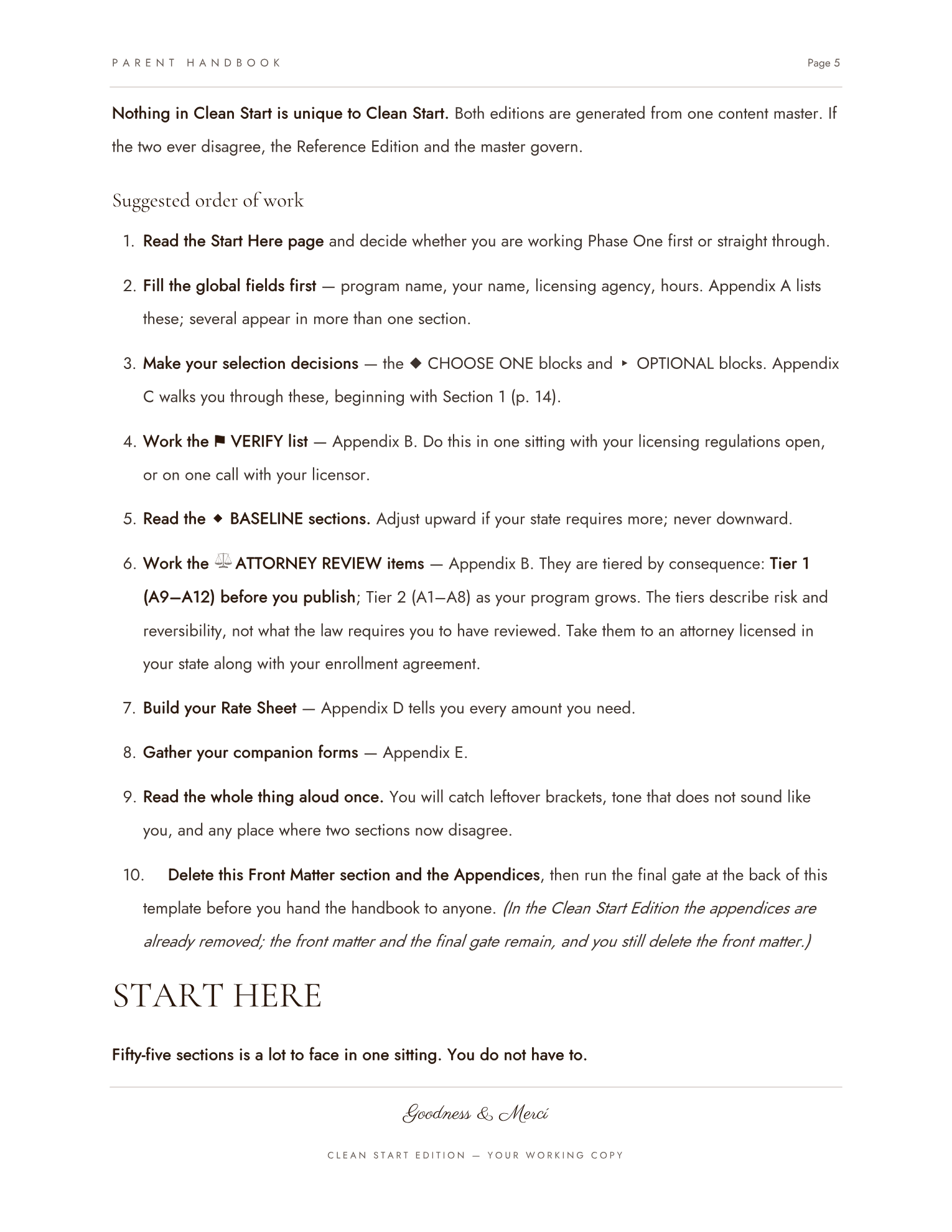 The customization roadmap, listing the order to fill fields, make choices and resolve flags