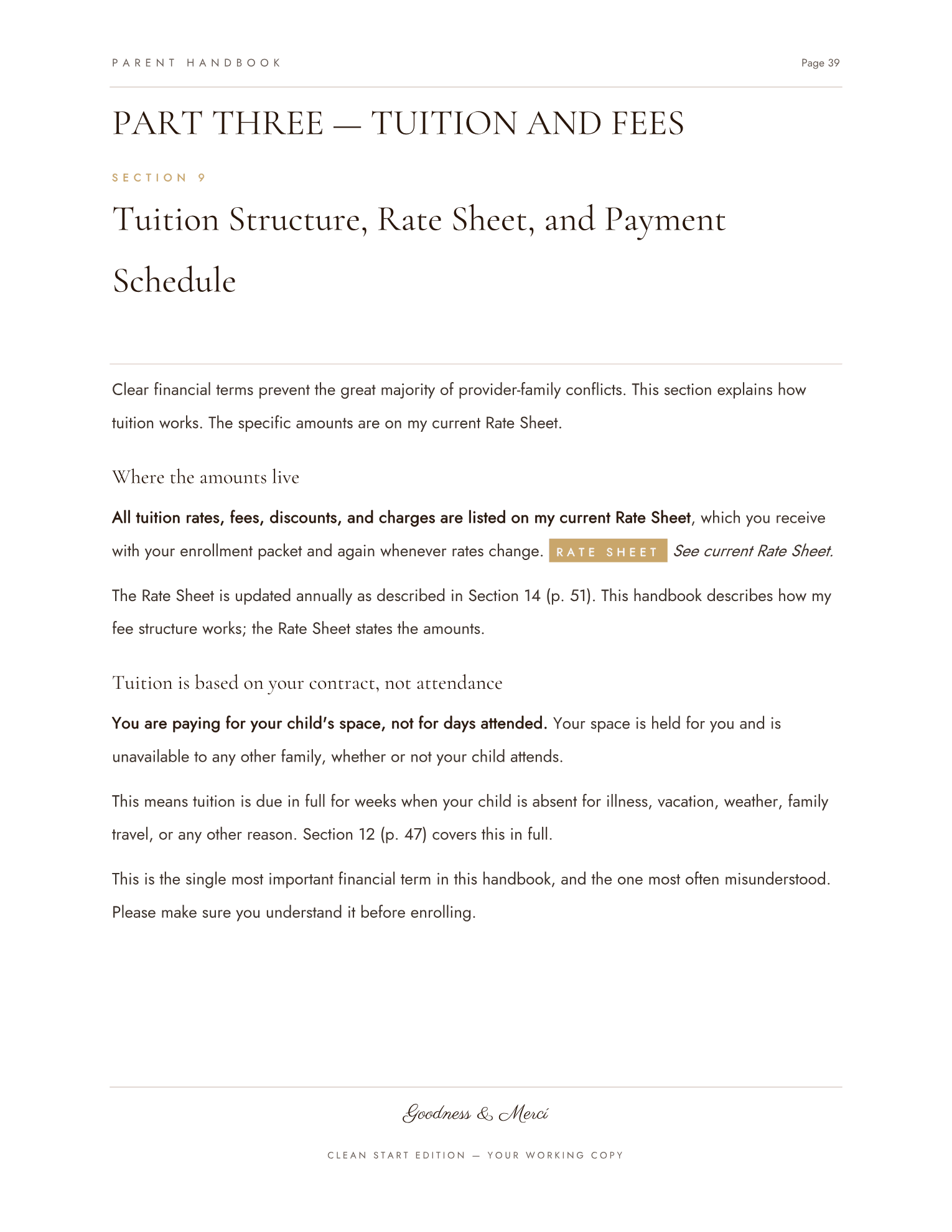 Section 9, Tuition Structure, Rate Sheet, and Payment Schedule