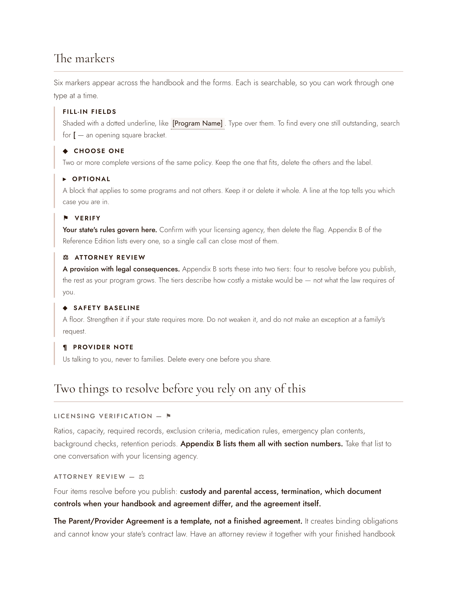 The six customization markers used across the handbook and forms