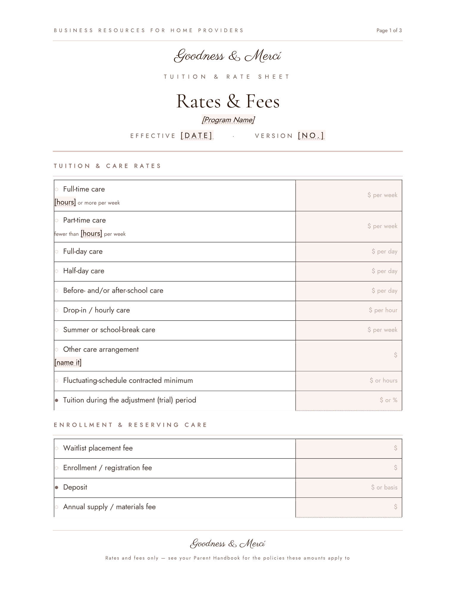 The Tuition and Rate Sheet, listing care rates and enrollment fees with fields to complete