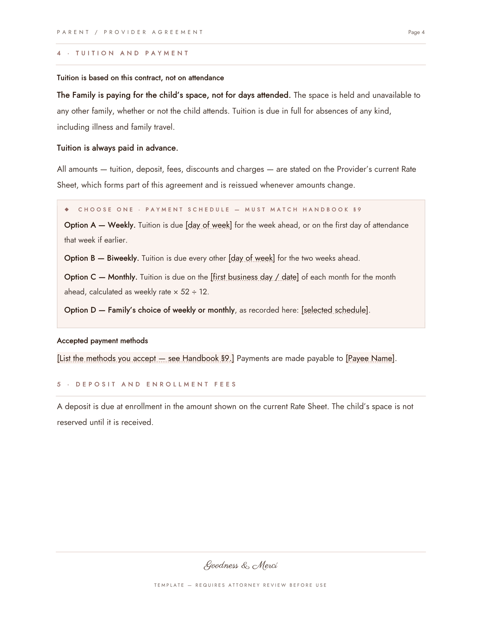 Section 4 of the Parent-Provider Agreement, covering tuition and payment, with a choose-one payment schedule that must match Handbook section 9