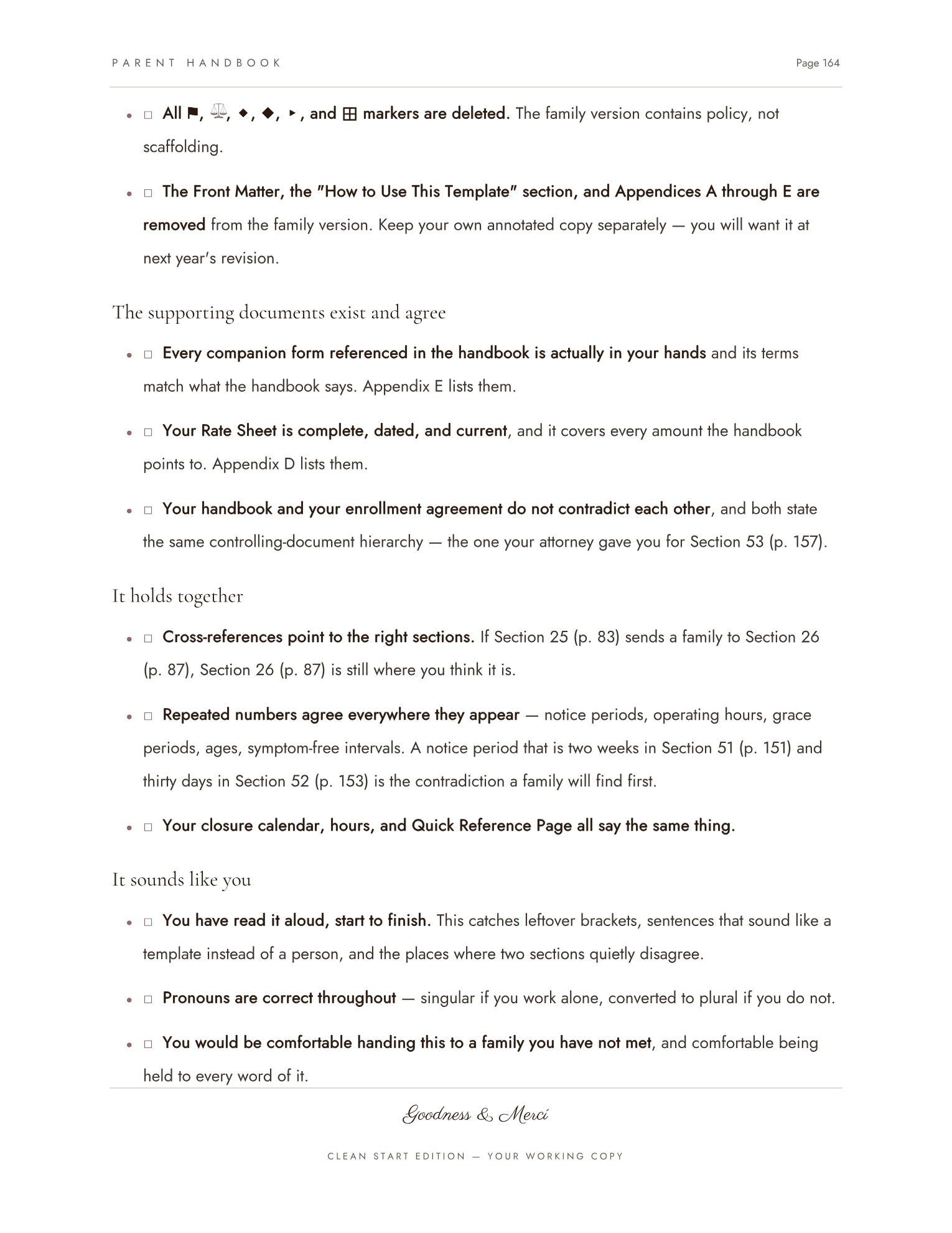 The final readiness checklist, covering markers, front matter and supporting documents
