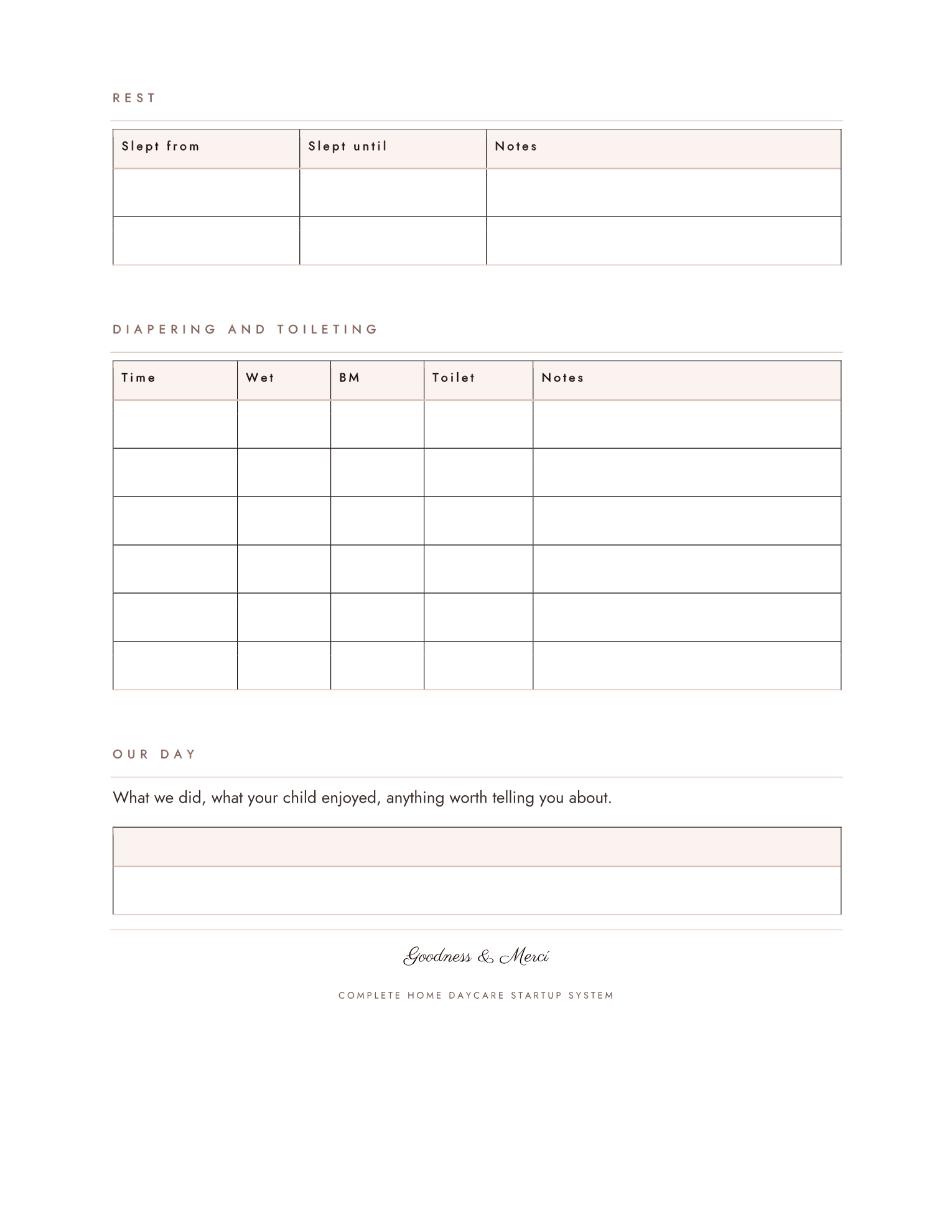 The Daily Care Card's Rest, Diapering and Toileting, and Our Day sections